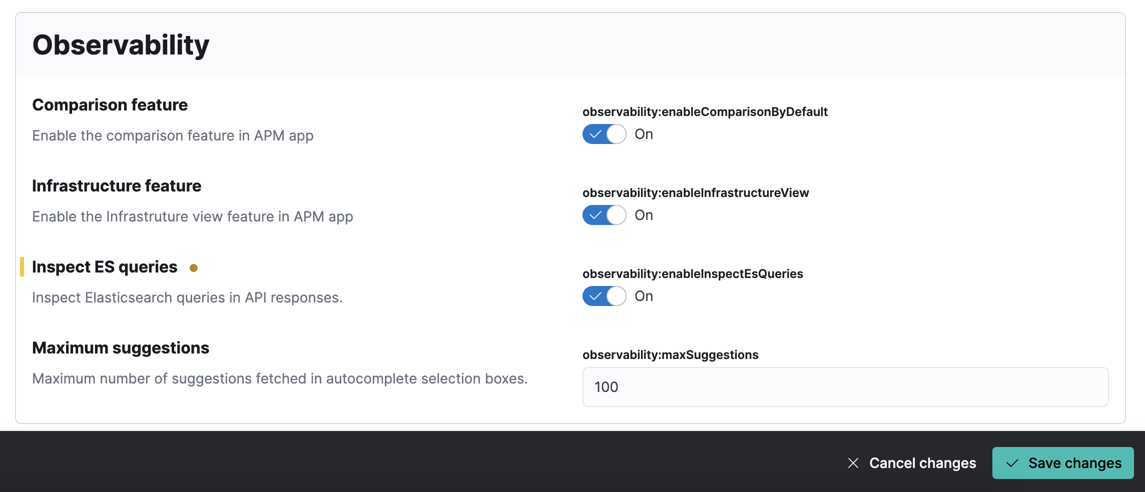 Kibana Advanced Settings Observability section with Inspect ES queries enabled