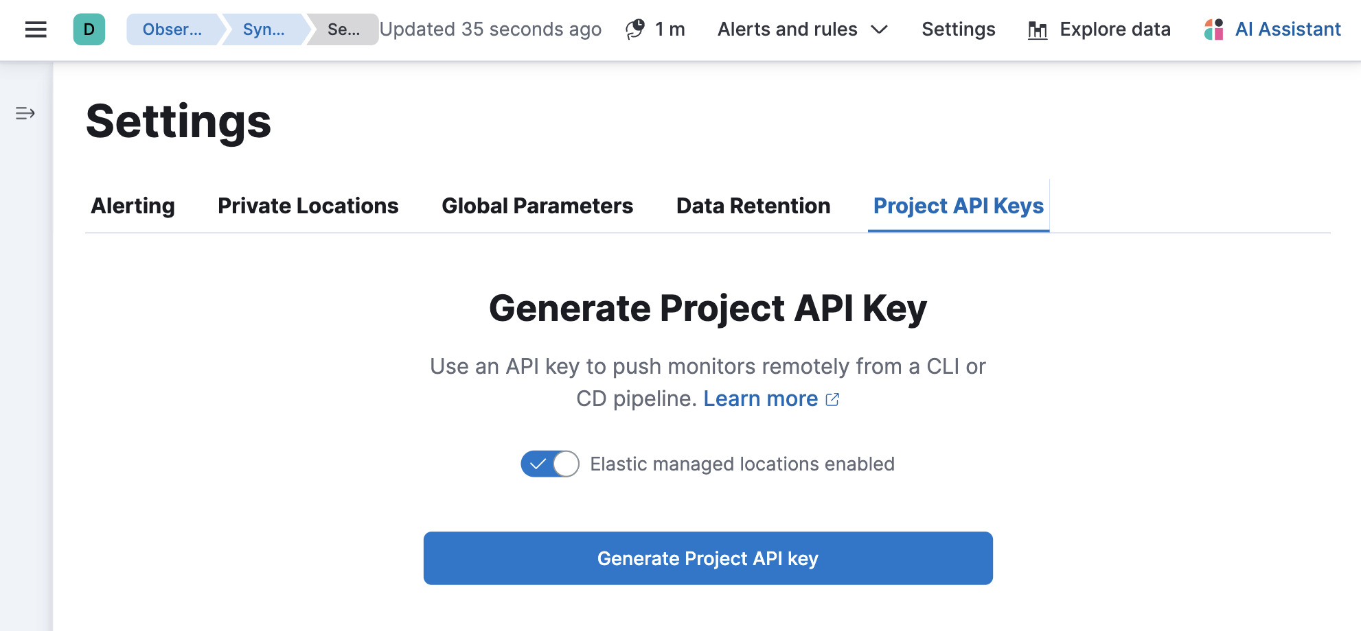 Project API Keys tab in Synthetics settings