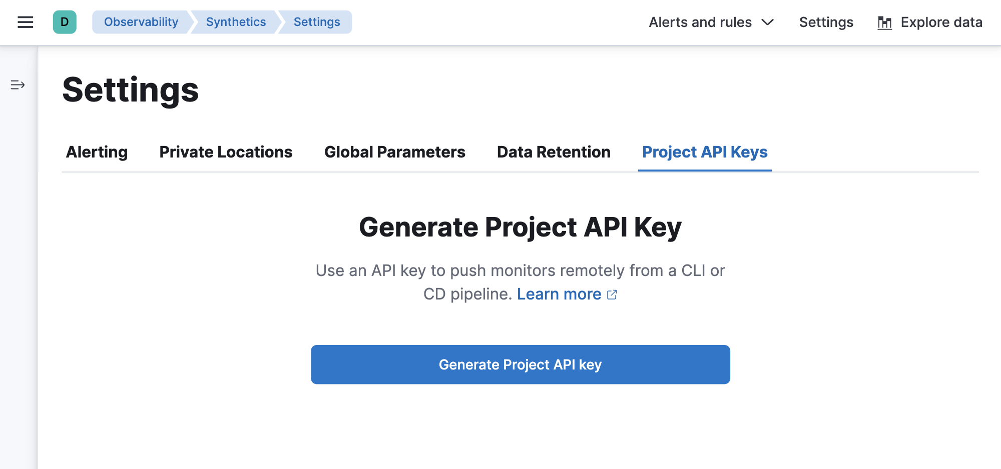 Project API keys tab on the Synthetics Settings page in Kibana