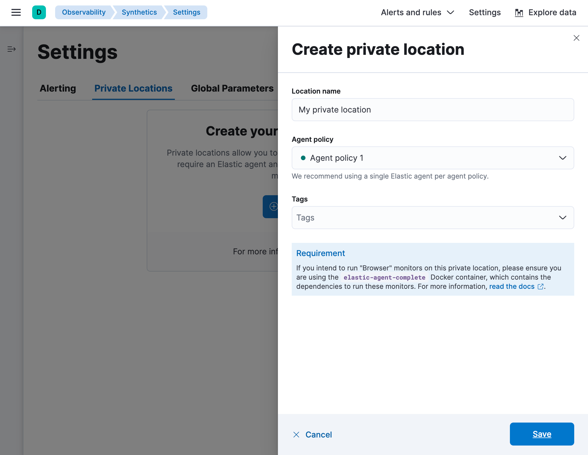 Private Locations tab on the Synthetics Settings page in Kibana