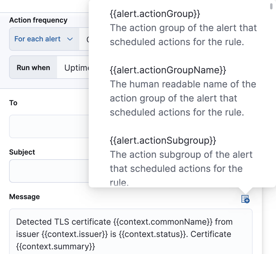 Default notification message for TLS rules with open "Add variable" popup listing available action variables
