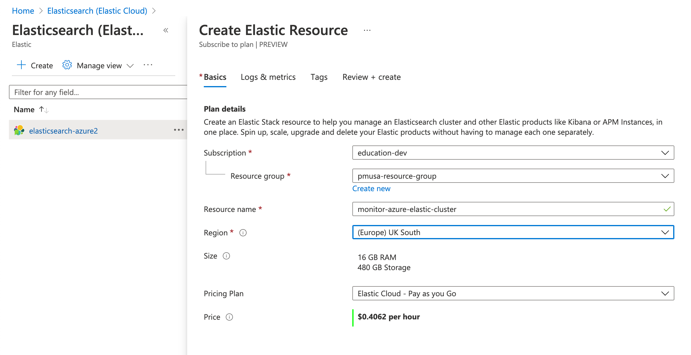 Create Elastic resource