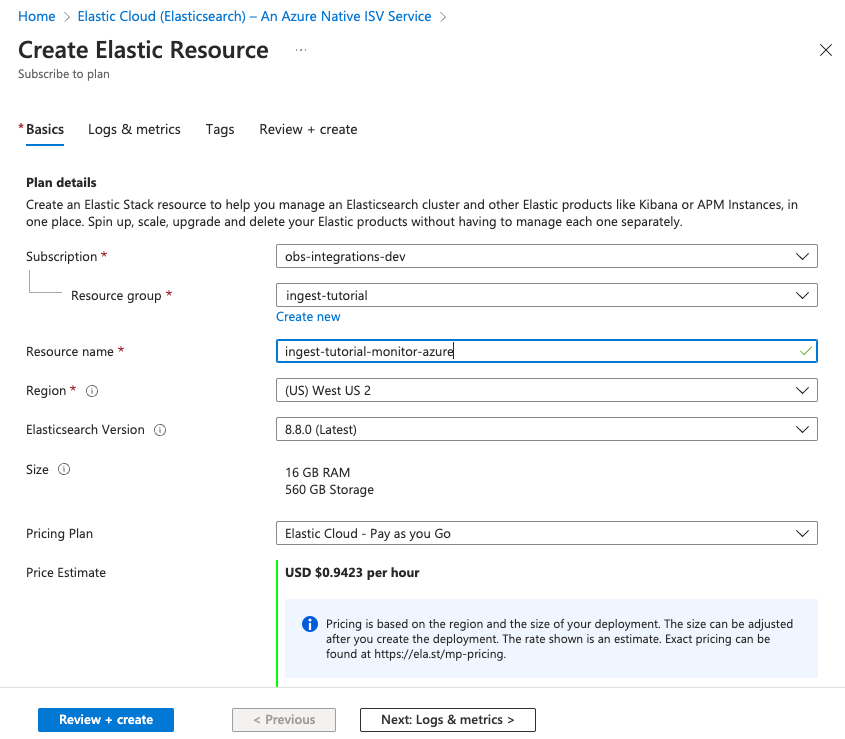 Screenshot of Elastic resource creation in Azure