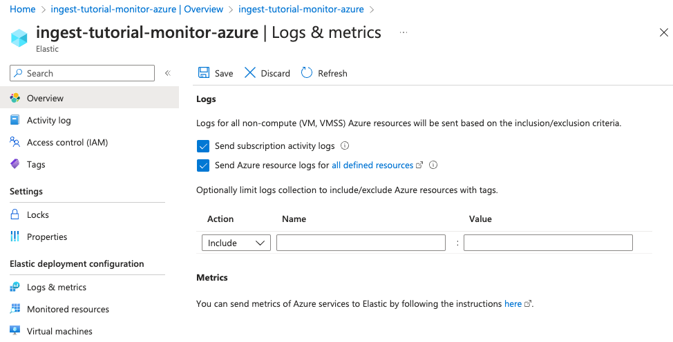 Screenshot of logs and metrics configuration for Elastic resource in Azure