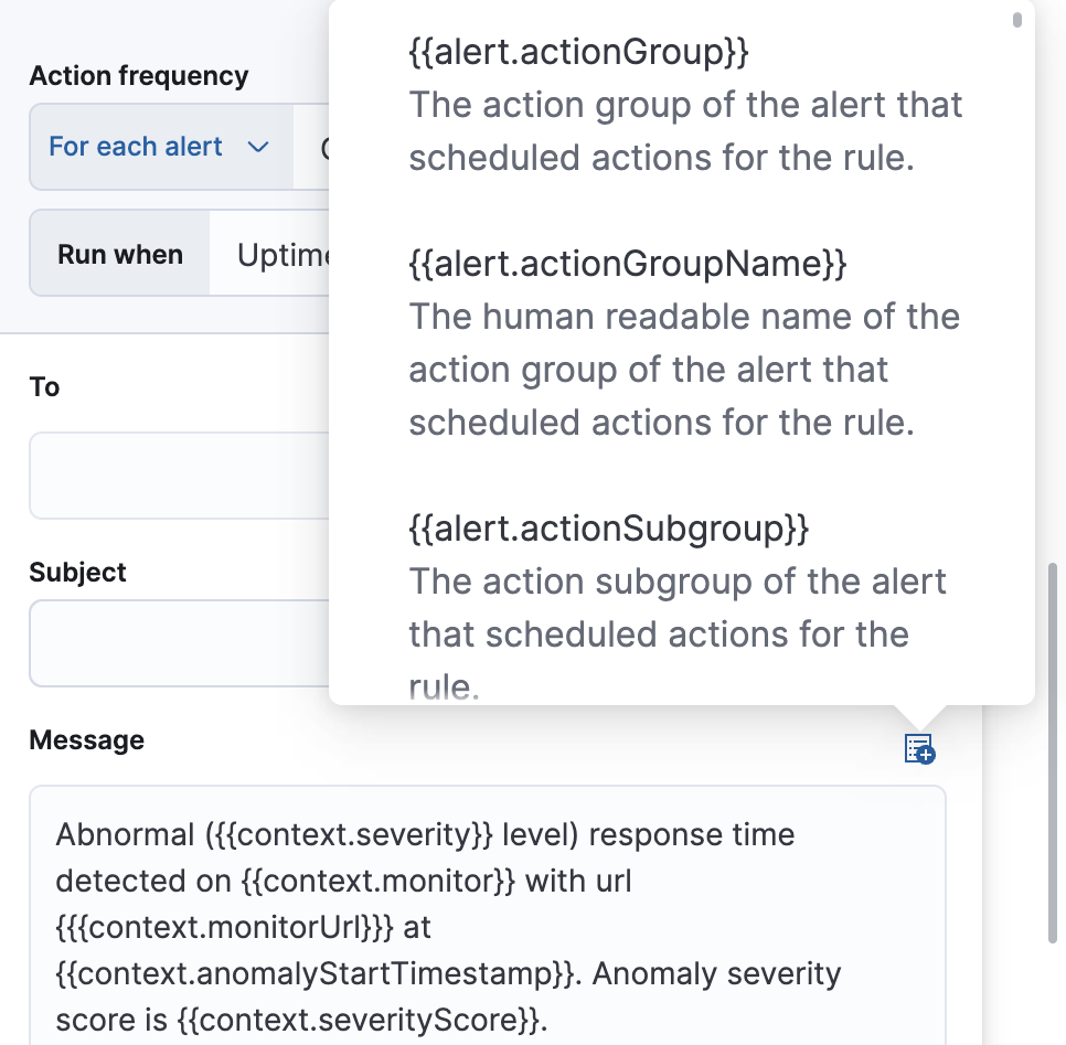 Default notification message for Uptime duration anomaly rules with open "Add variable" popup listing available action variables