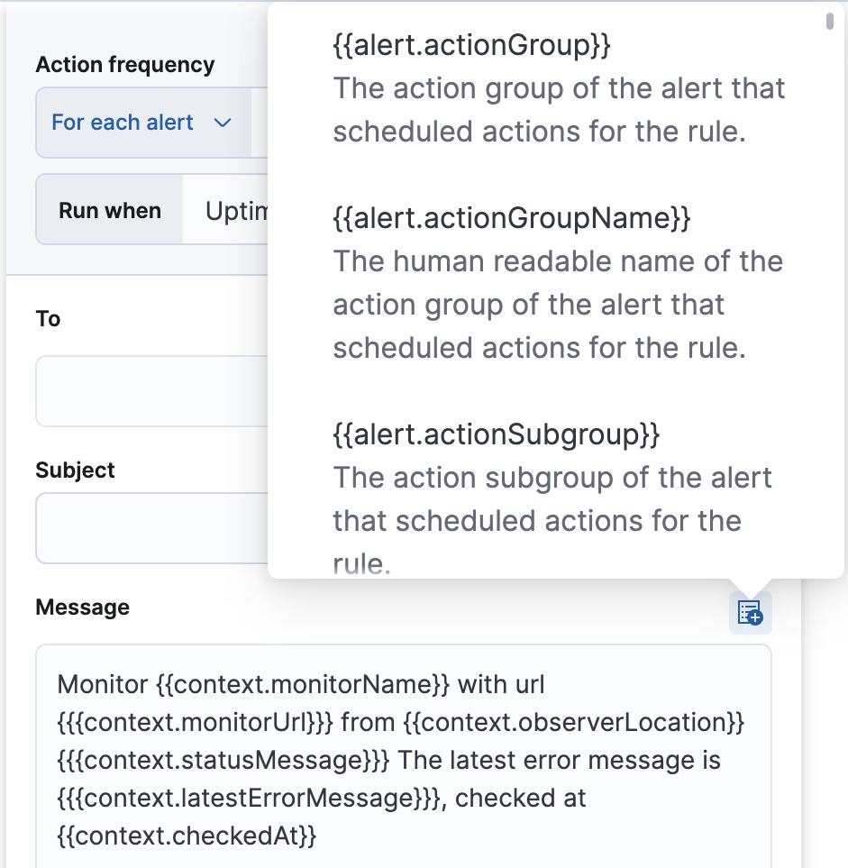 Default notification message for monitor status rules with open "Add variable" popup listing available action variables