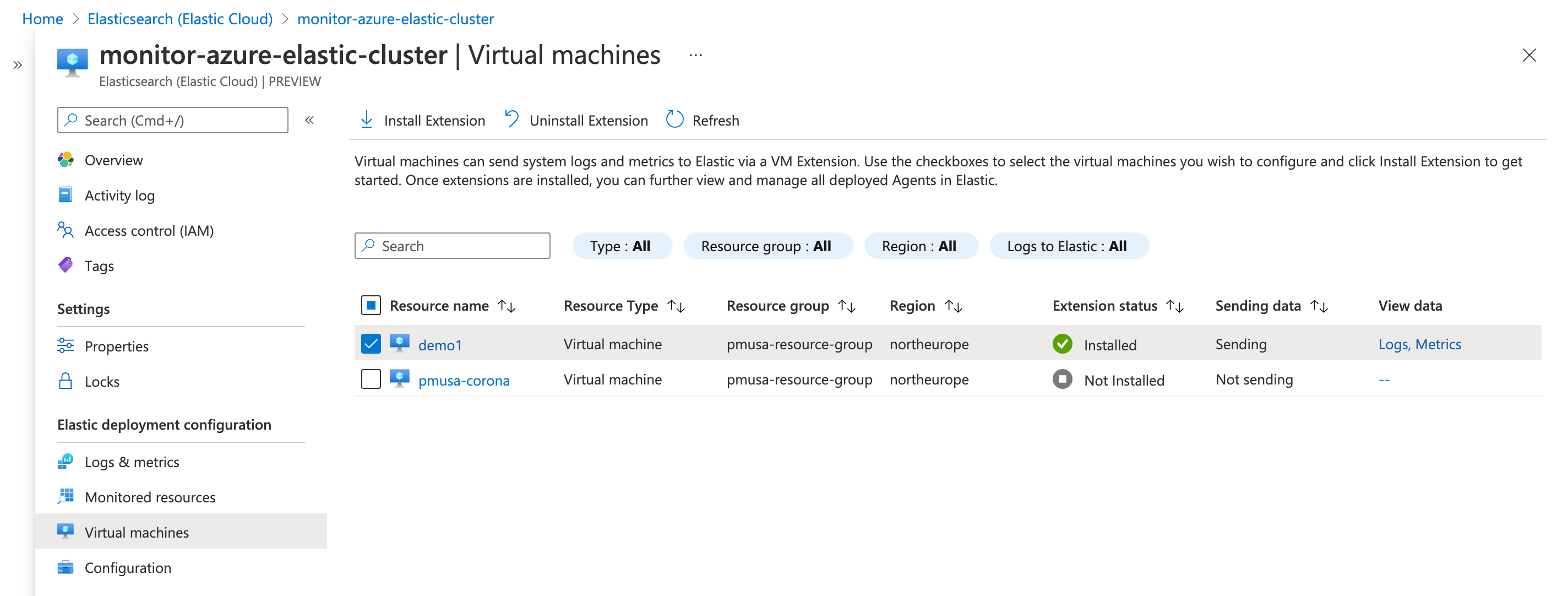 Select VMs to collect logs and metrics from