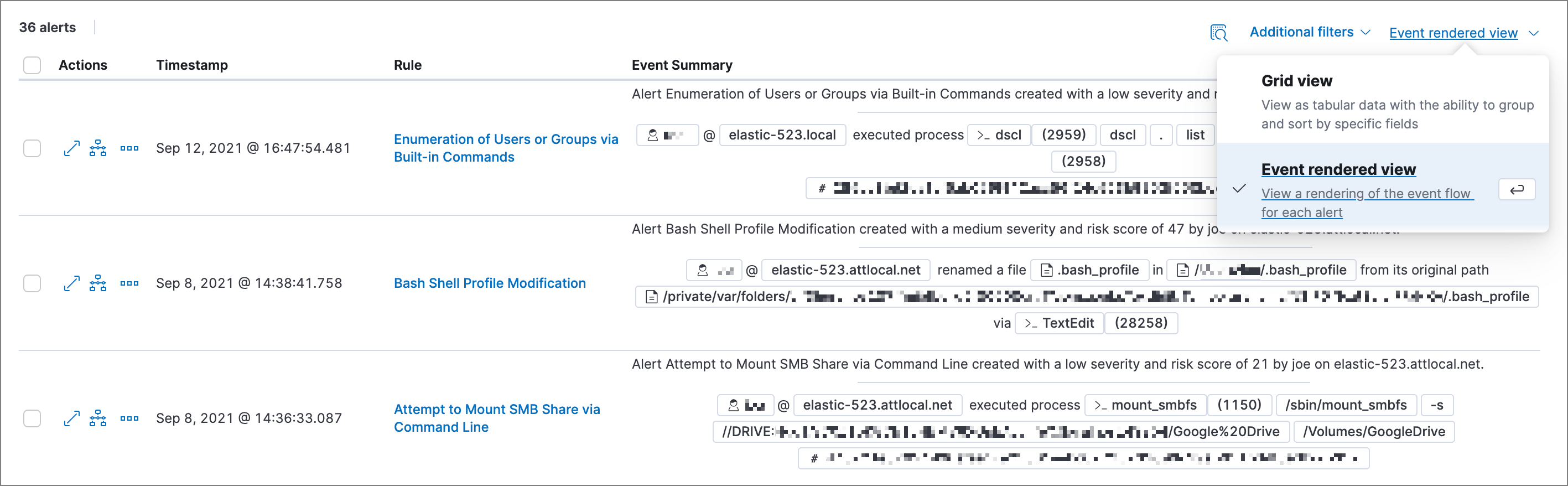 Shows the Alerts table with the Event rendered view enabled