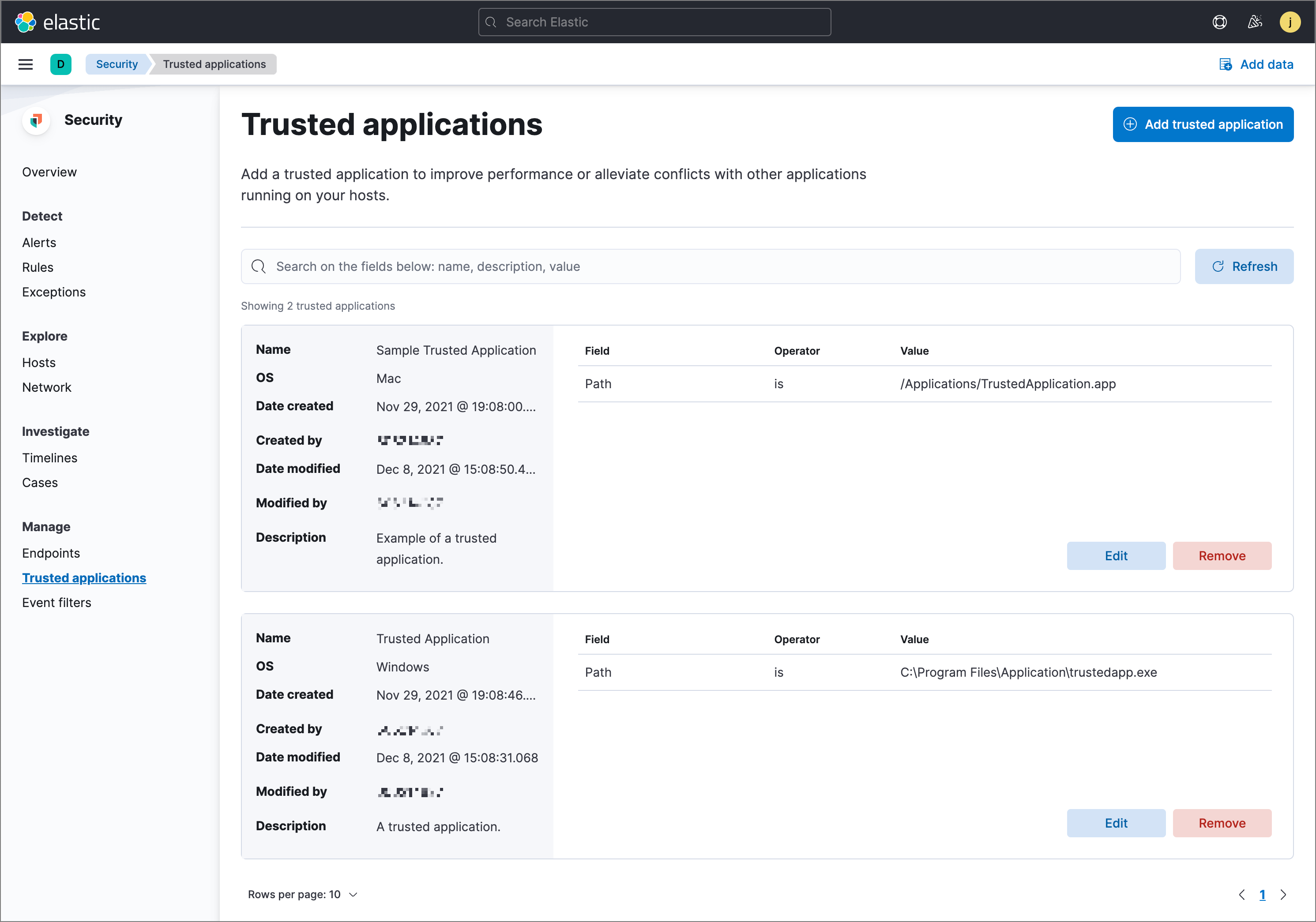 Shows the Trusted applications page