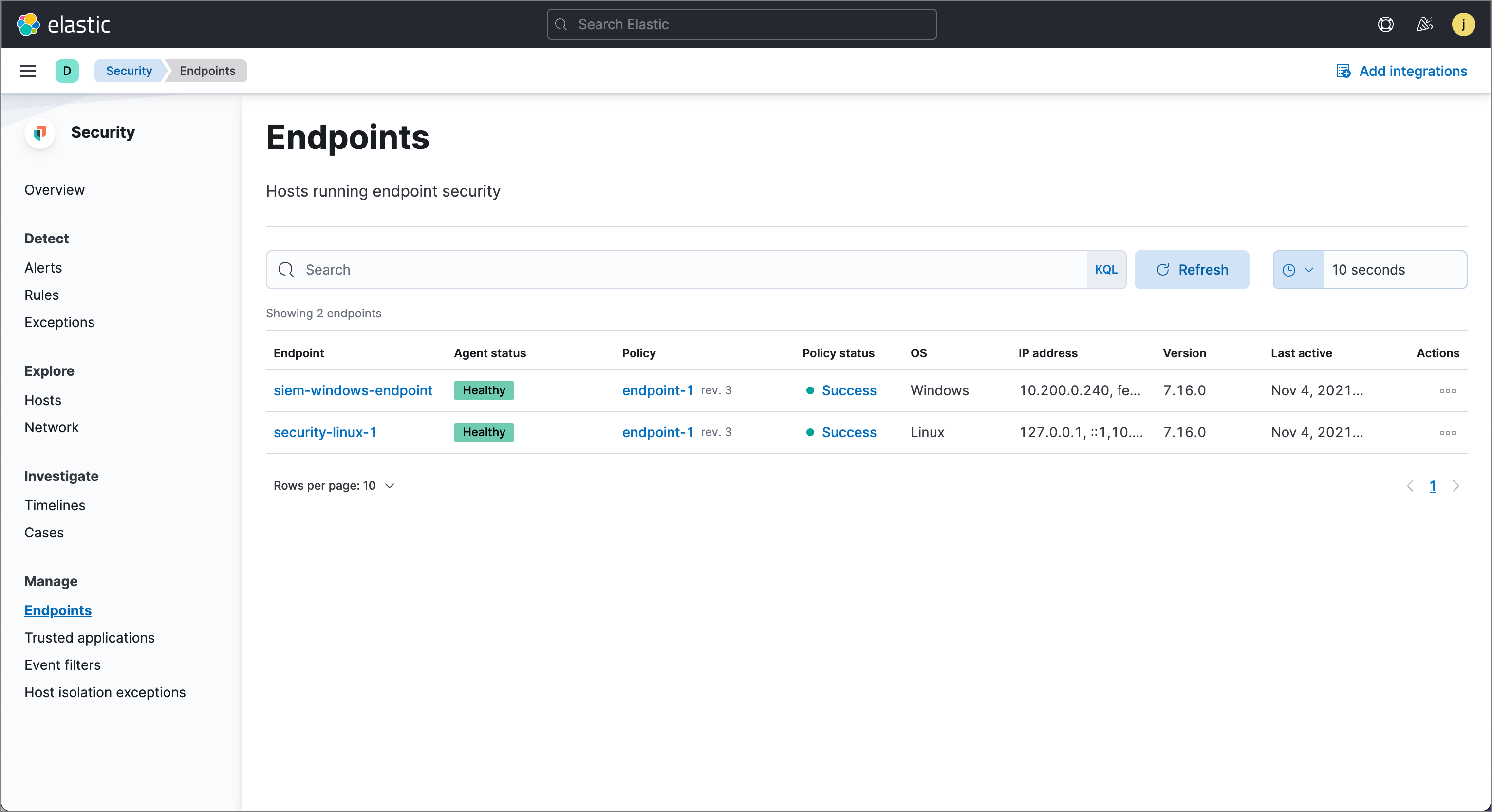 Shows the Endpoints page