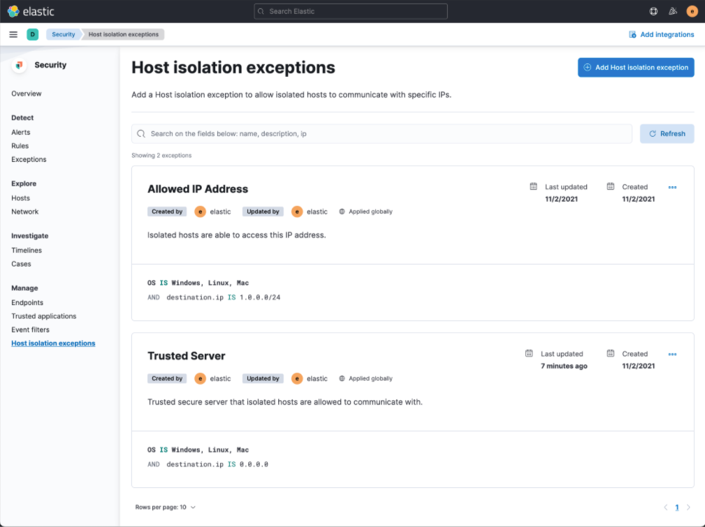 host isolation exception