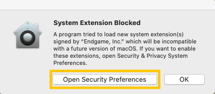 macOS notification with Open Security Preferences button highlighted.