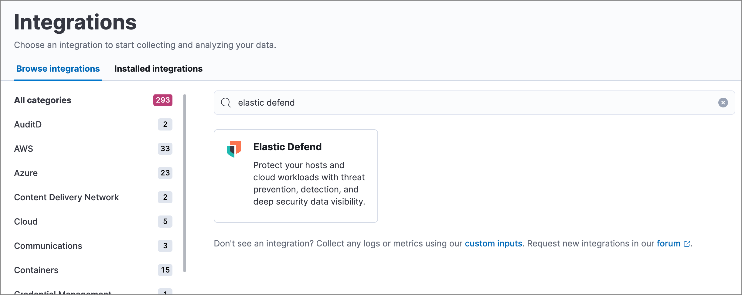 Search result for "Elastic Defend" on the Integrations page.