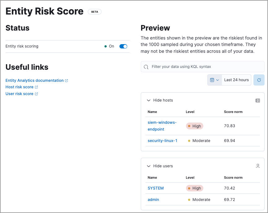 Entity Risk Score page