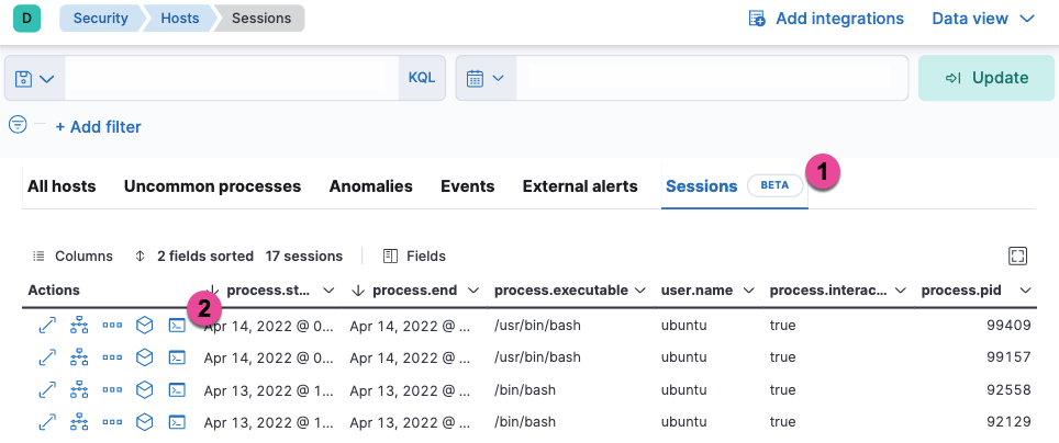 Detail of the Hosts page’s Sessions tab