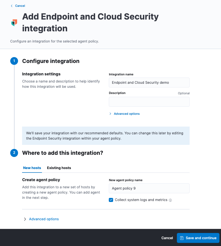Add Endpoint and Cloud Security integration page.