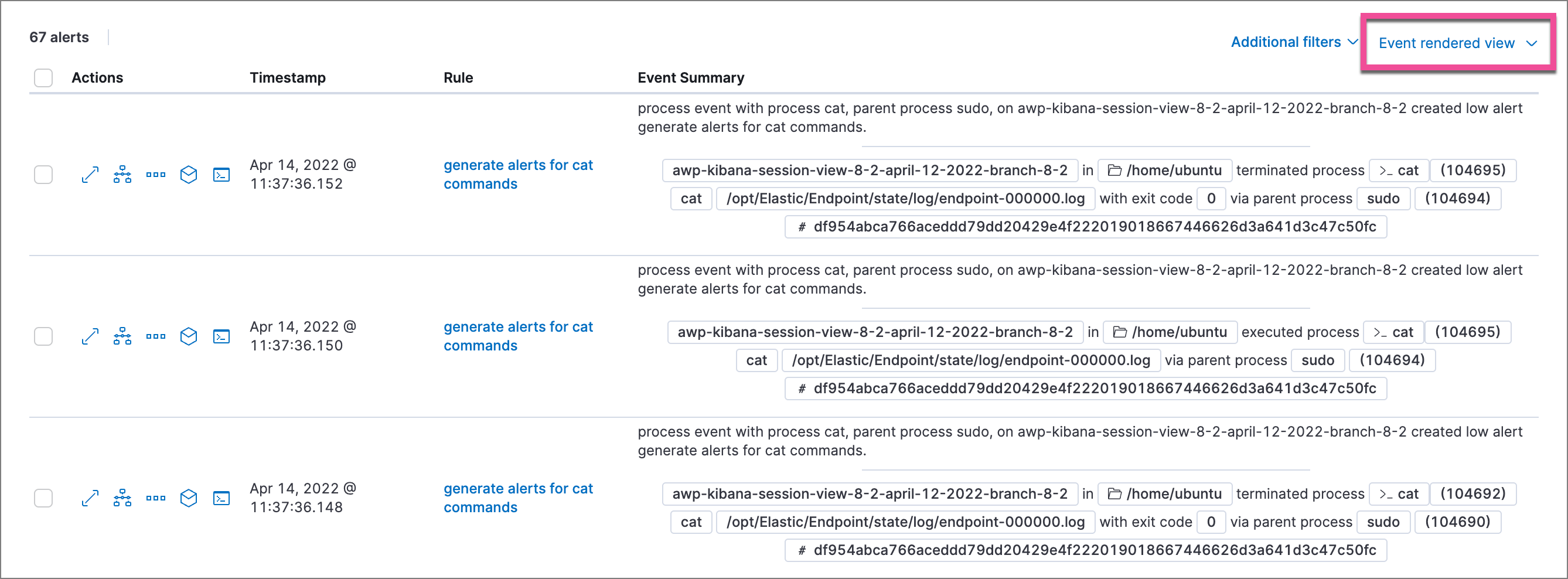 Alerts table with the Event rendered view enabled