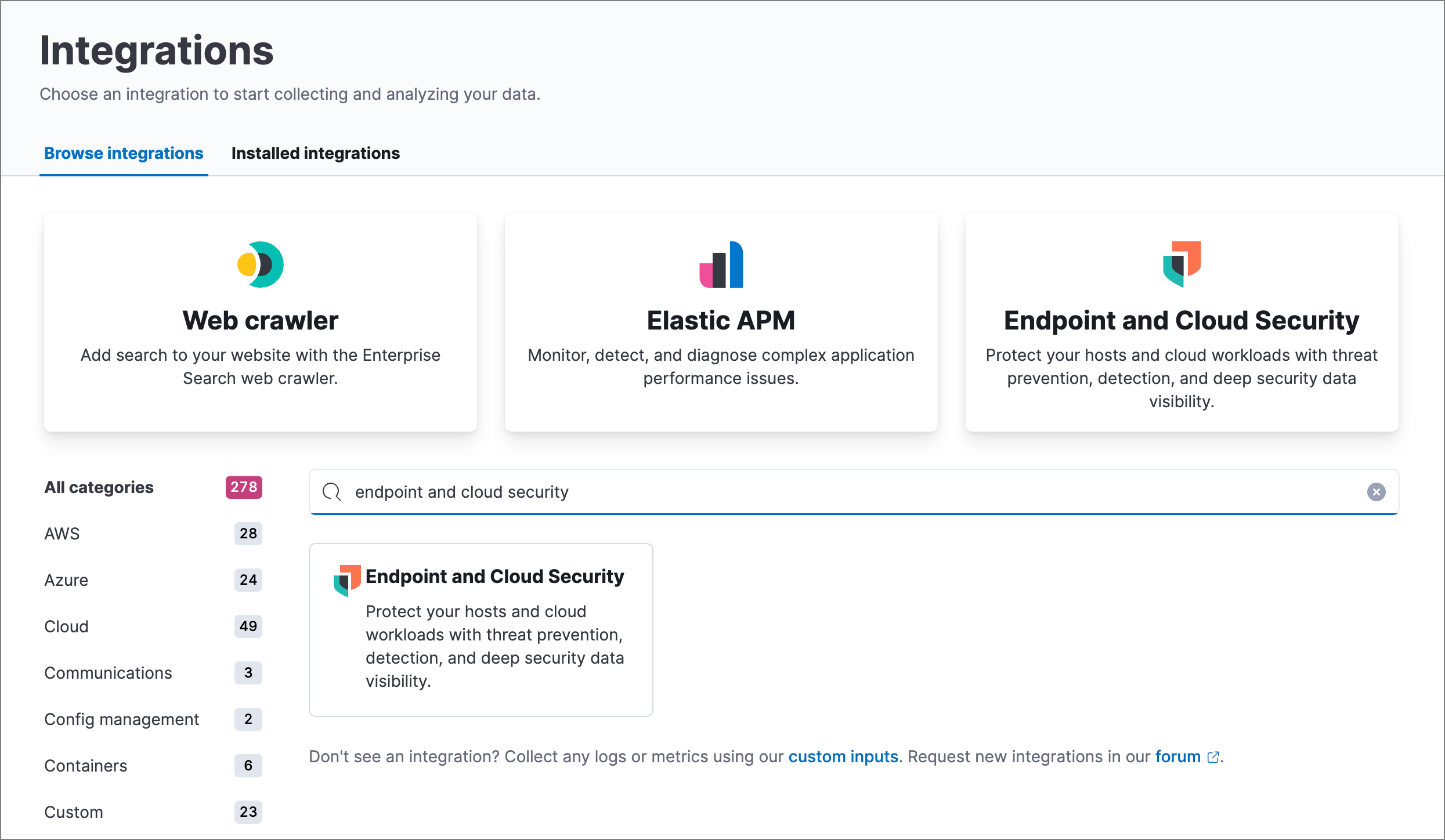Search result for "Endpoint and Cloud Security" on the Integrations page.