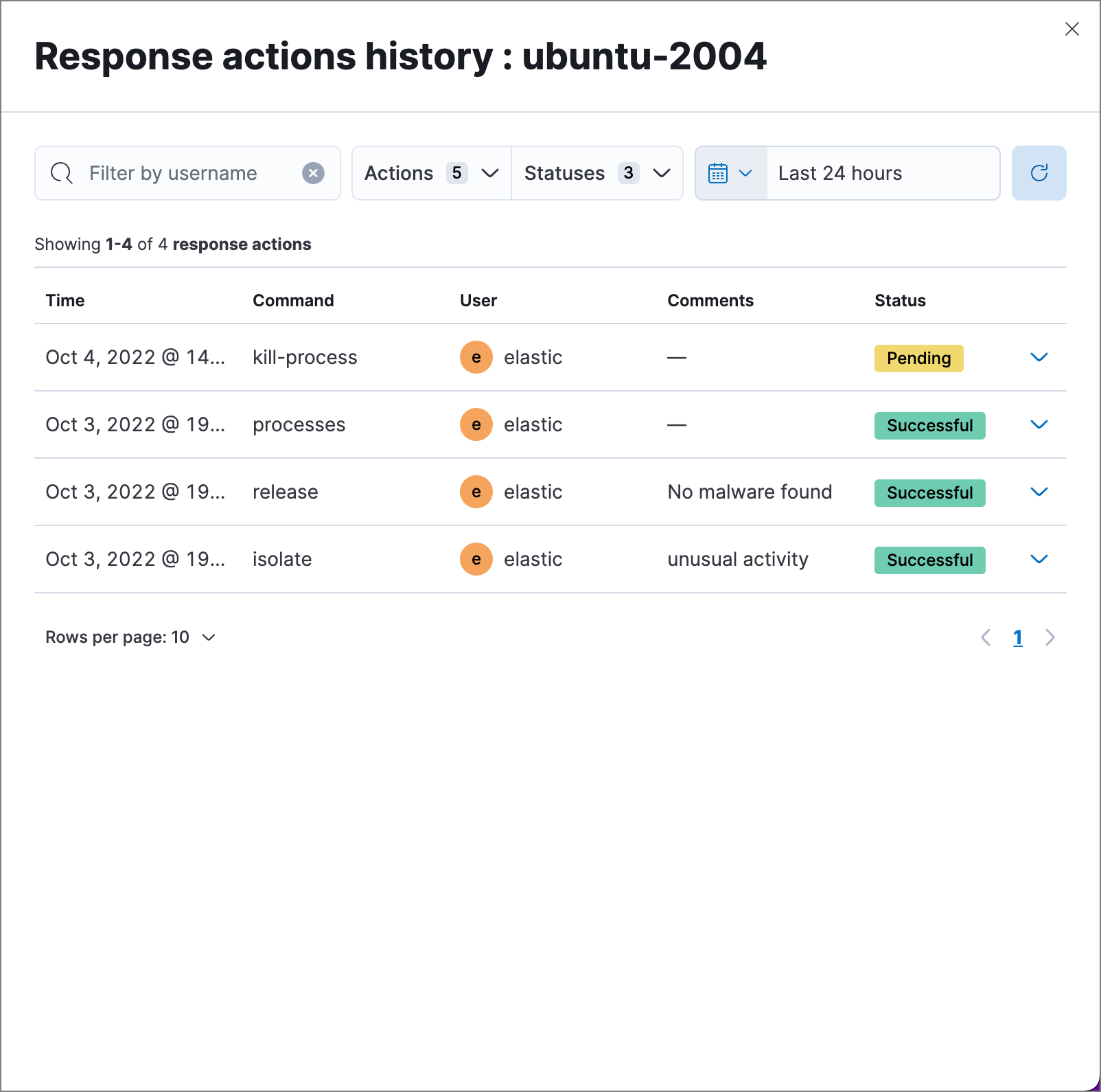 Response actions history with a few past actions