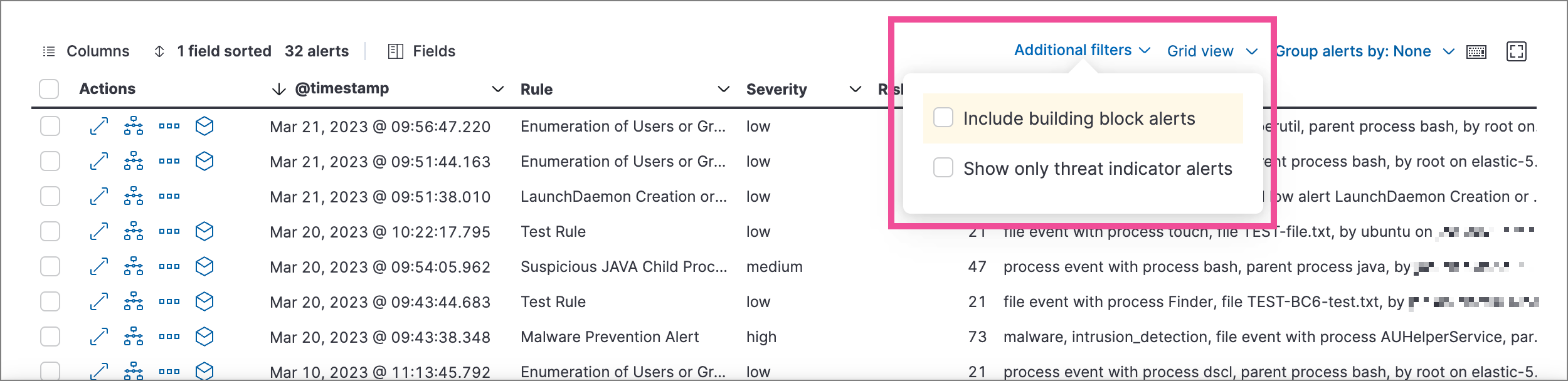 Alerts table with Additional filters menu highlighted