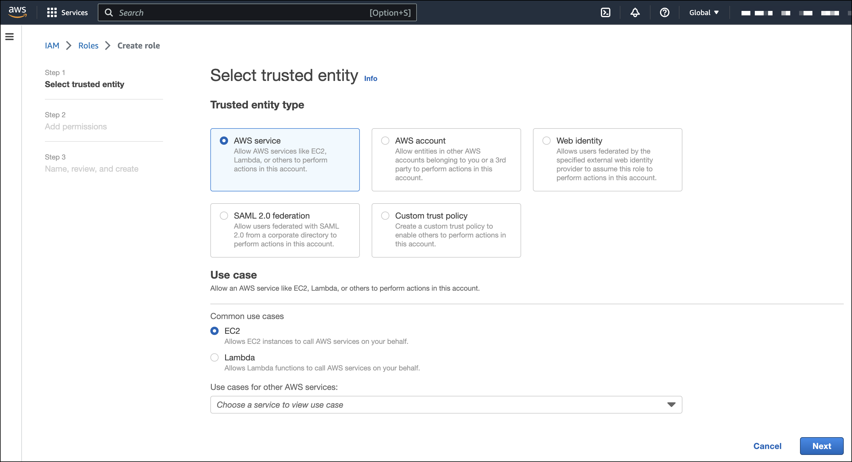 The Select trusted entity screen in AWS