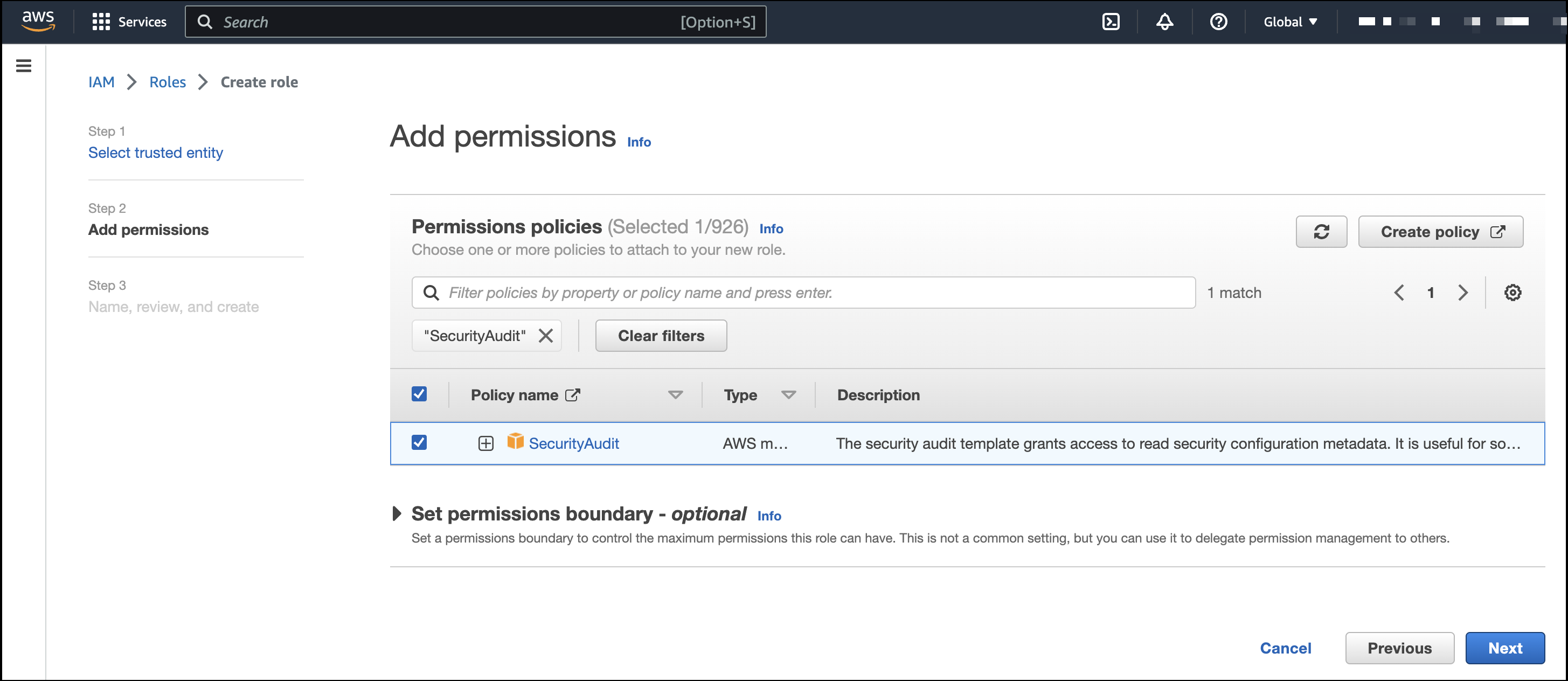 The Add permissions screen in AWS