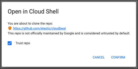 The cloud shell confirmation popup