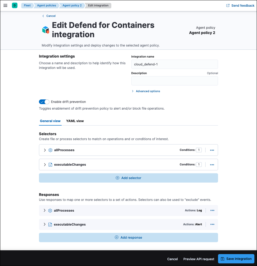The defend for containers policy editor with the default policies