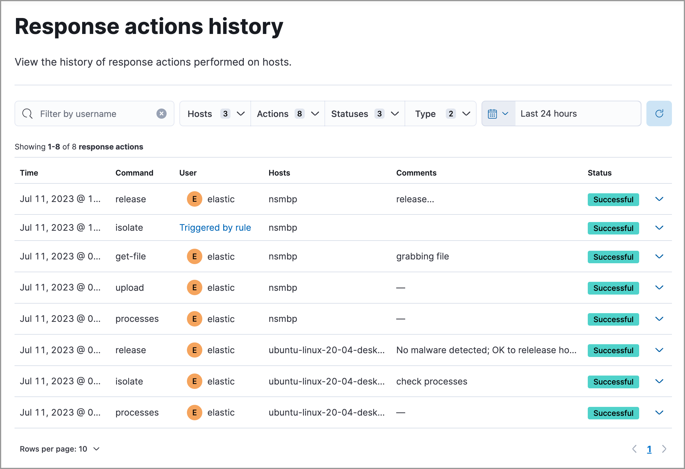 Response actions history page UI