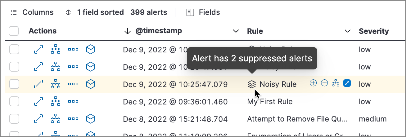 Suppressed alerts icon and tooltip in Alerts table