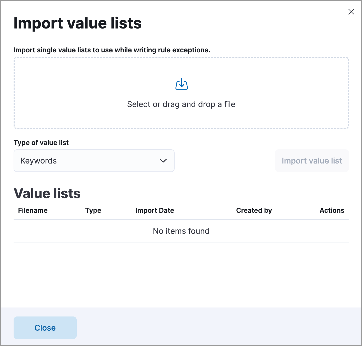 Import value lists flyout