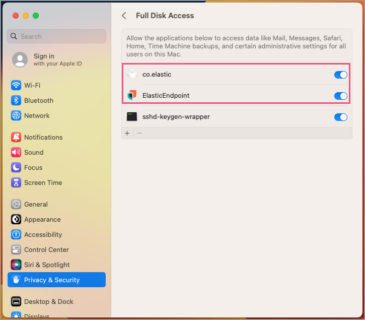 Select Full Disk Access