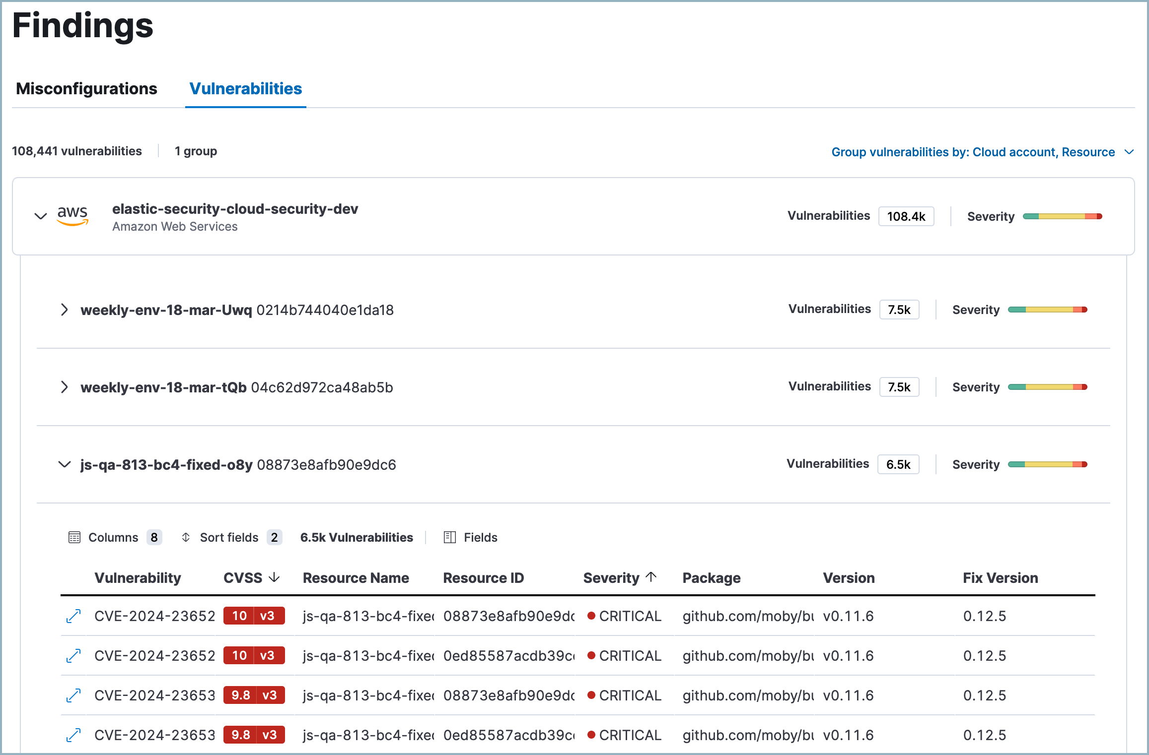 The Vulnerabilities tab of the Findings page