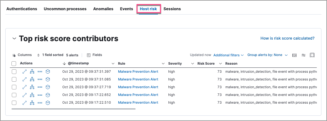 Host risk data on the Host risk tab of the host details page