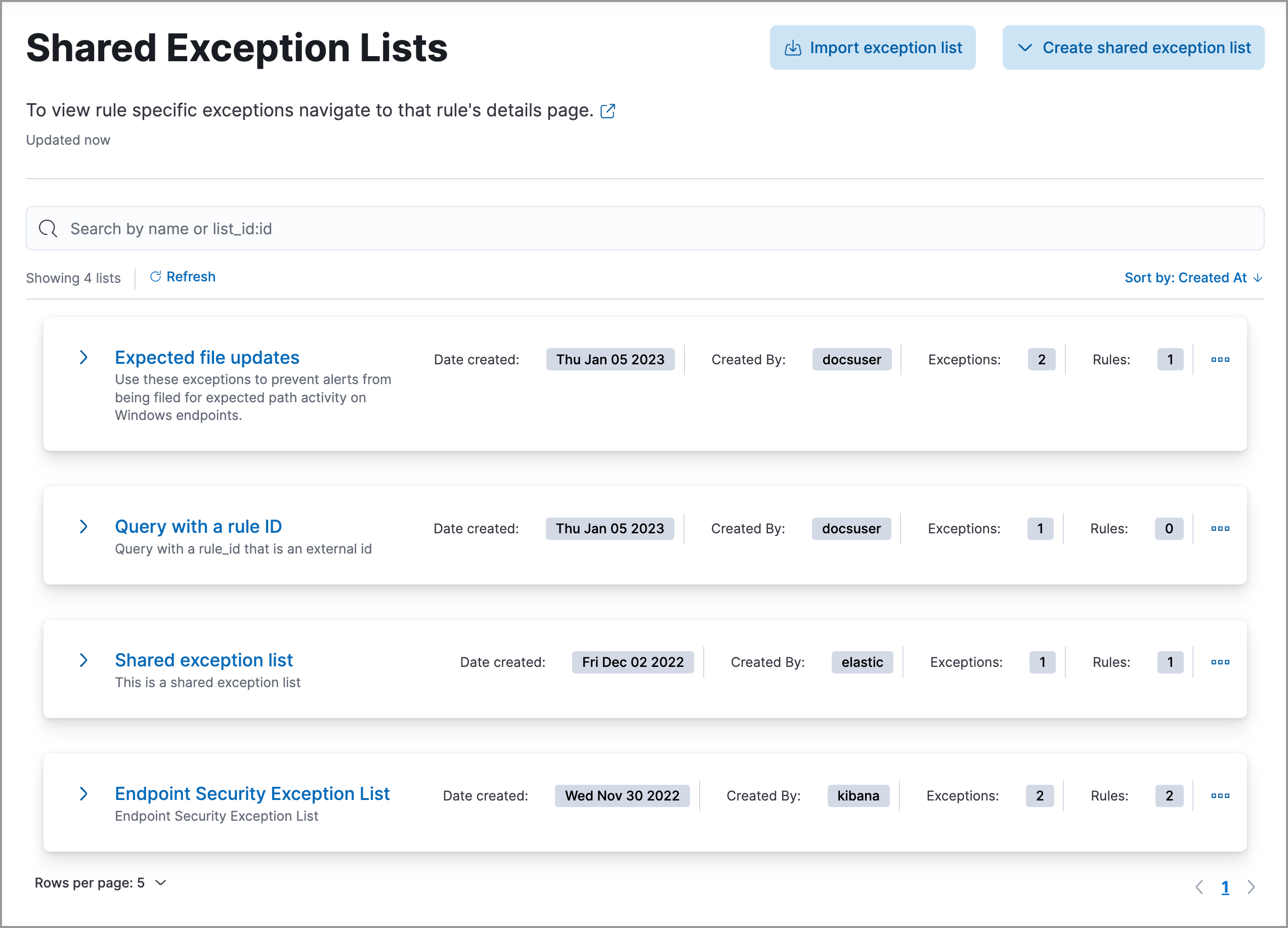 Shared Exception Lists page