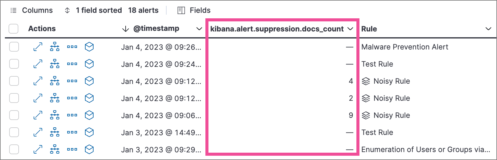Suppressed alerts count field column in Alerts table