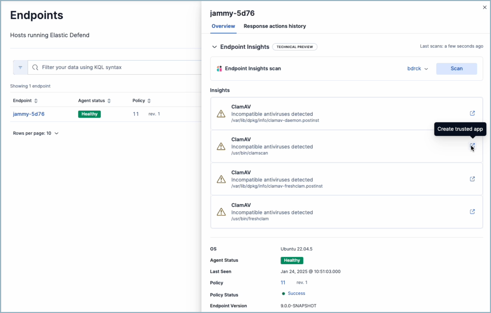 Endpoint Insights results with the "Create trusted app" button highlighted