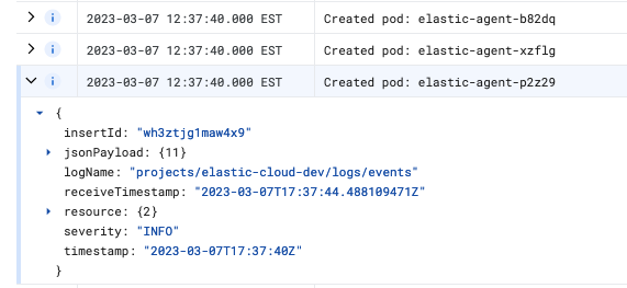 Cluster logs showing three Elastic Agent pods were created