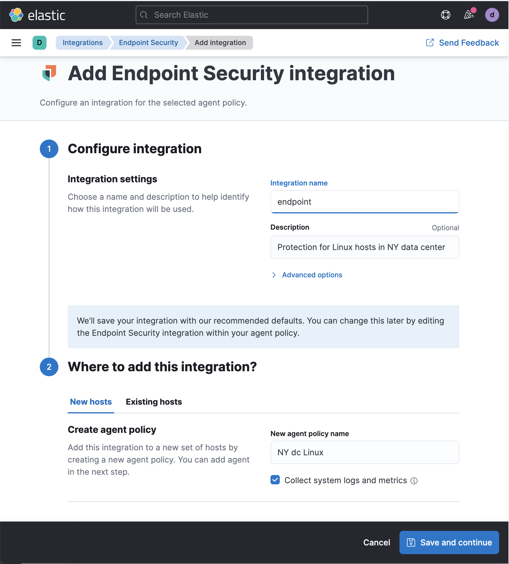 Configuration page for adding an Endpoint Security integration