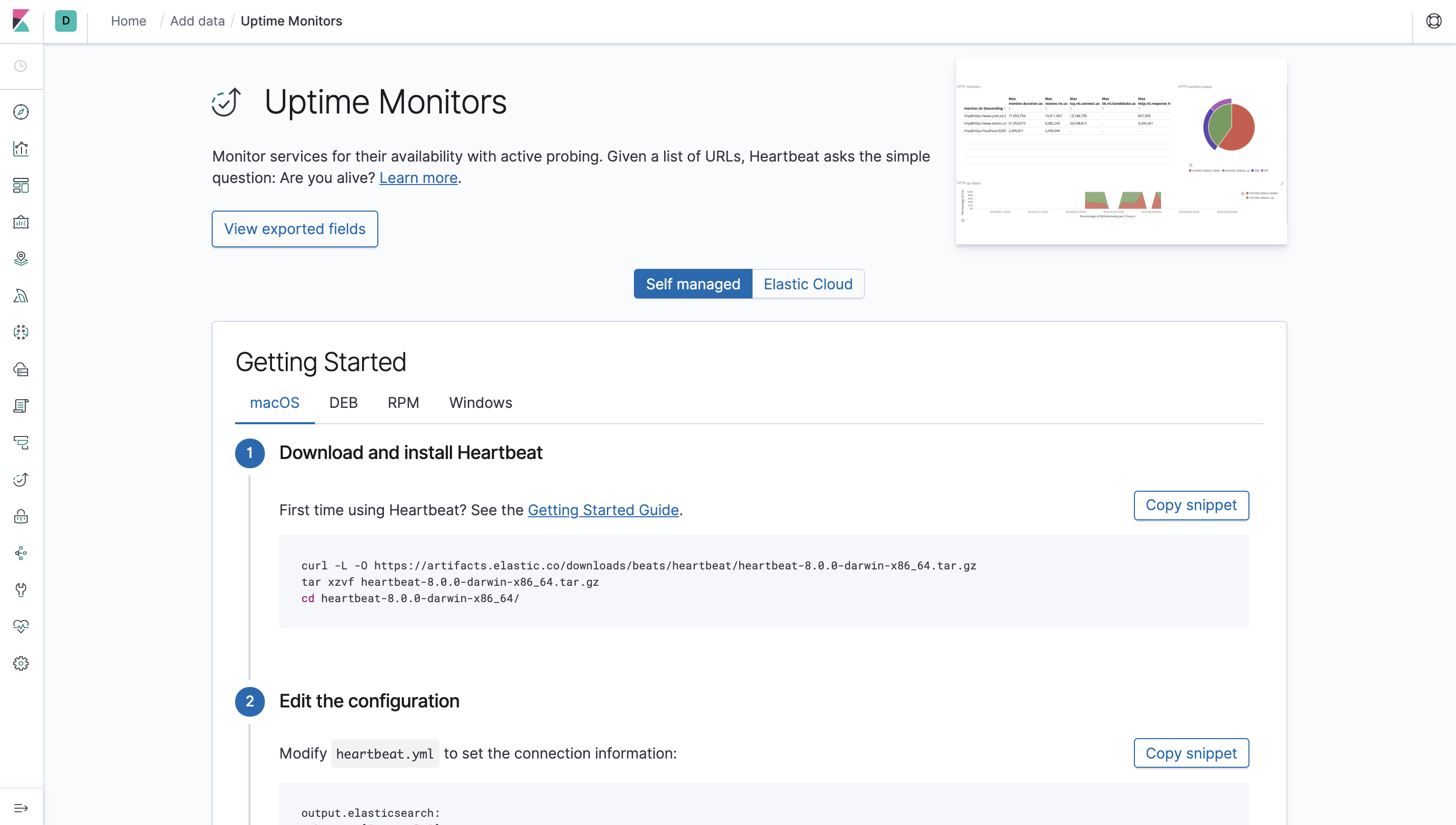 Installation instructions on the Uptime page in Kibana