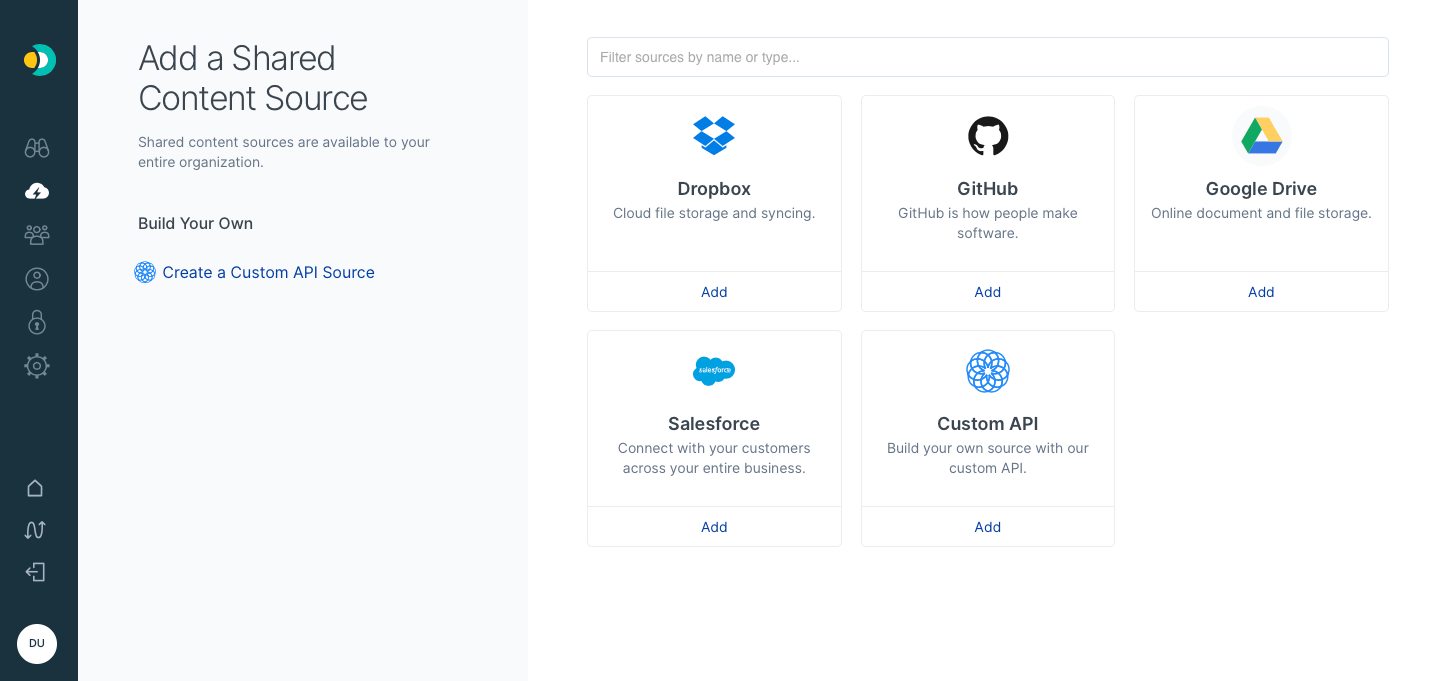 A list of all the available content sources. Custom API has a blue sphere.