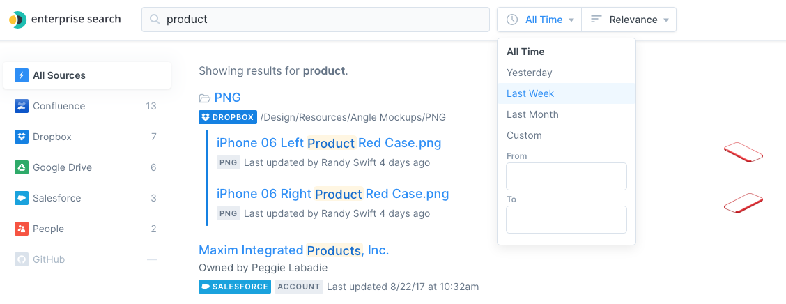 It’s the search UI. A search for product is present, and there are some results. The time dropdown is invoked and you can select yesterday, last week, last month, or a custom frame.