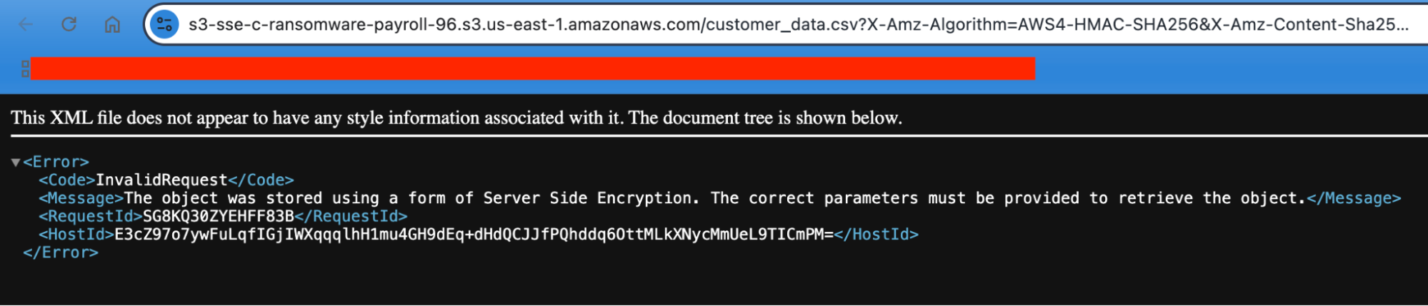 Expected error when retrieving objects from S3 bucket after SSE-C encryption