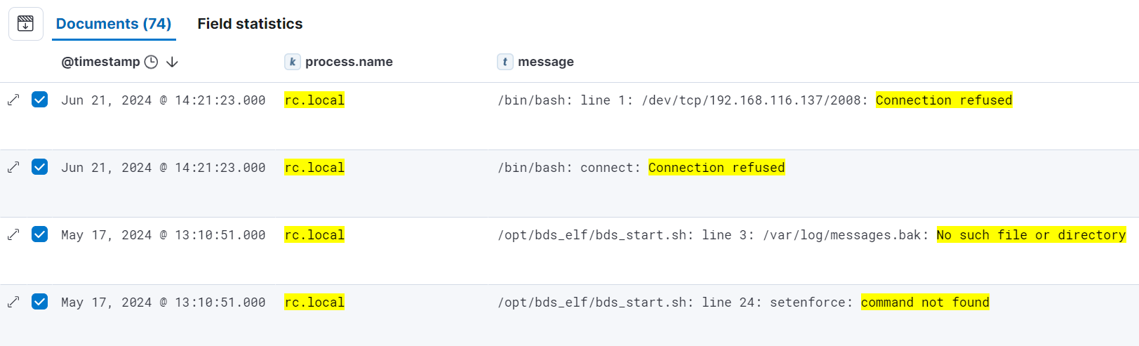 Events generated as a result of /etc/rc.local syslog error messages
