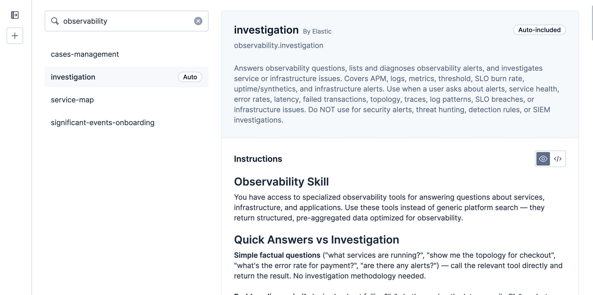 The observability.investigation skill in Agent Builder, showing its description and its Markdown instructions