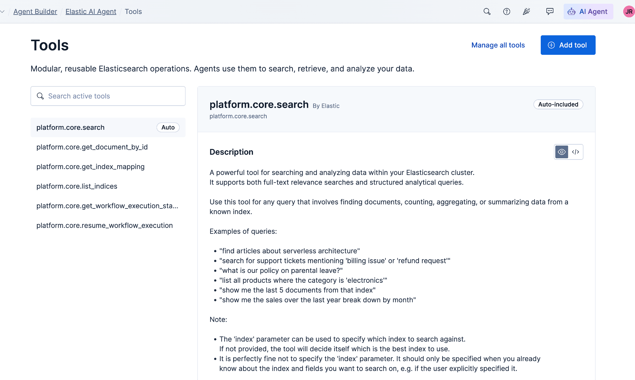 Agent Builder Tools page listing the built-in platform.core tools, with the search tool description open