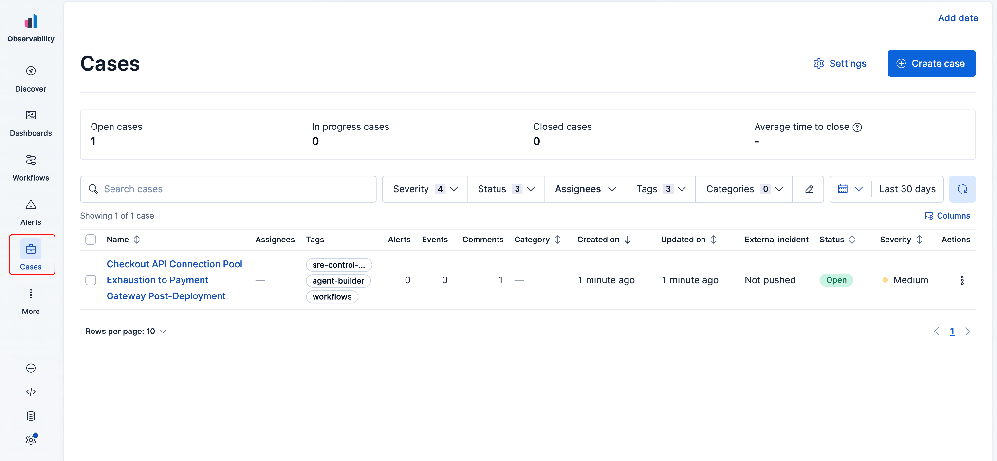 Observability Cases list showing one open case created by the workflow