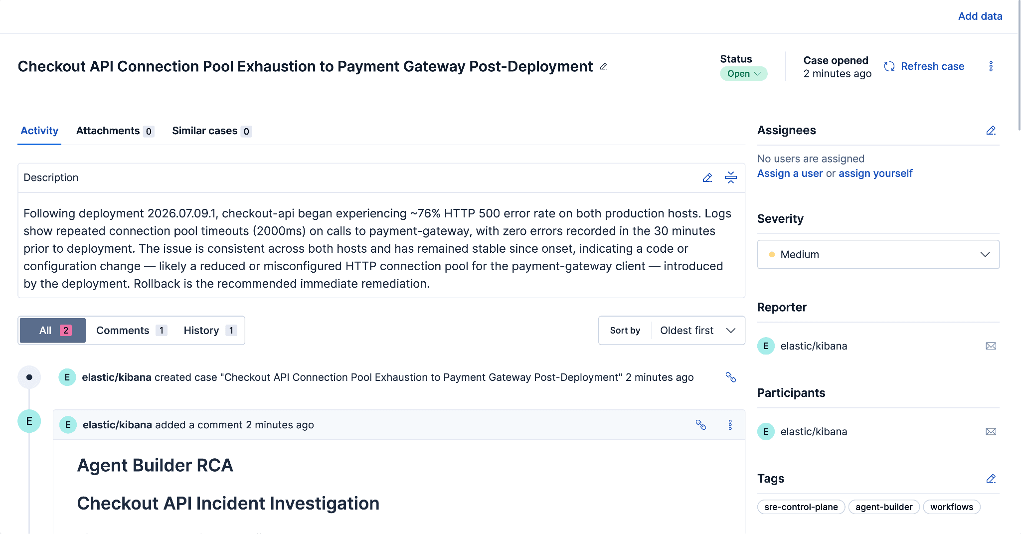 Case detail with the generated description and the Agent Builder RCA comment