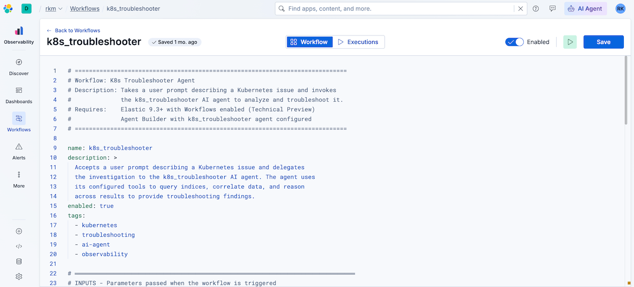 Kibana Workflows editor: k8s_troubleshooter workflow YAML enabled.