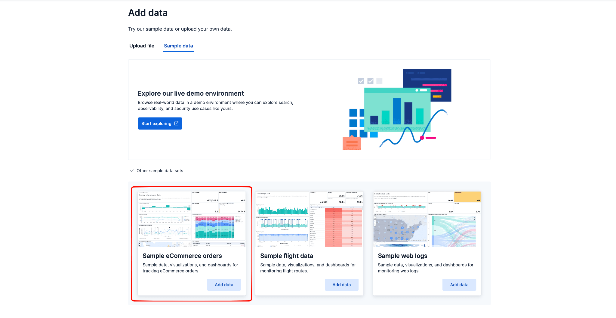 Kibana Add data page with the Sample eCommerce orders dataset highlighted